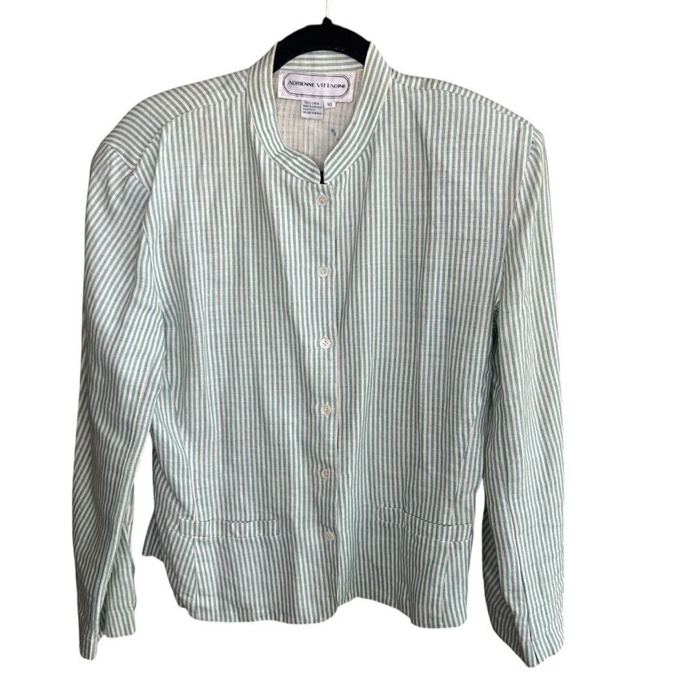 Adrienne Vittadini Vintage 80s Green Railroad Stripe 100% Linen Beachy Jacket